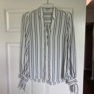 Express Black and White Striped Blouse with ties